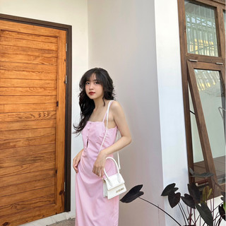 đầm 2 dây nút bọc 2 lớp