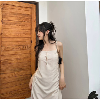 đầm 2 dây nút bọc 2 lớp