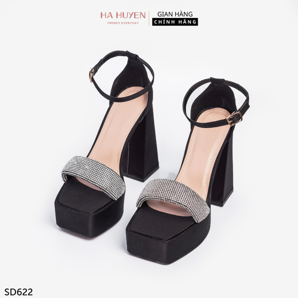 Sandal cao gót nữ Hà Huyền Shoes mũi vuông quai đá to gót vuông 11 phân - SD622