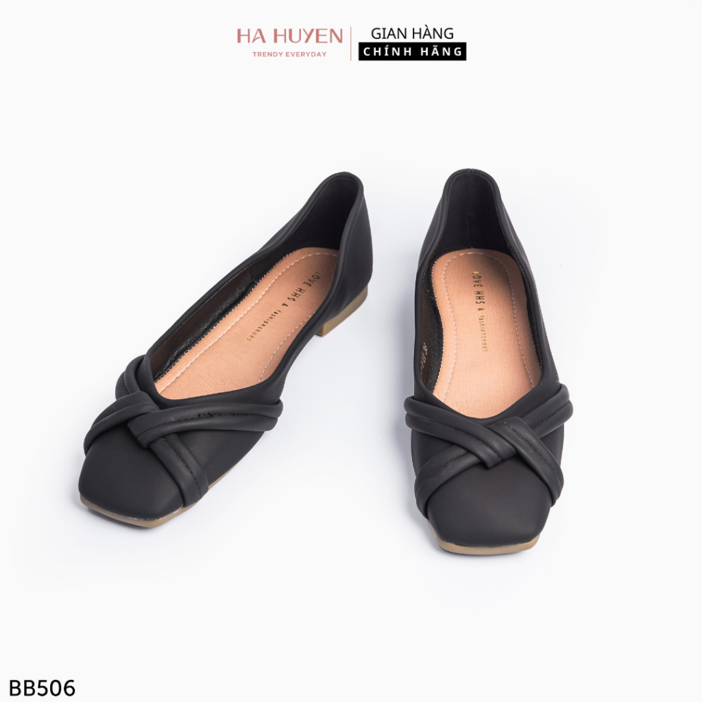 Giày búp bê nữ Hà Huyền Shoes bệt da lì mũi vuông nơ thắt chéo - BB506
