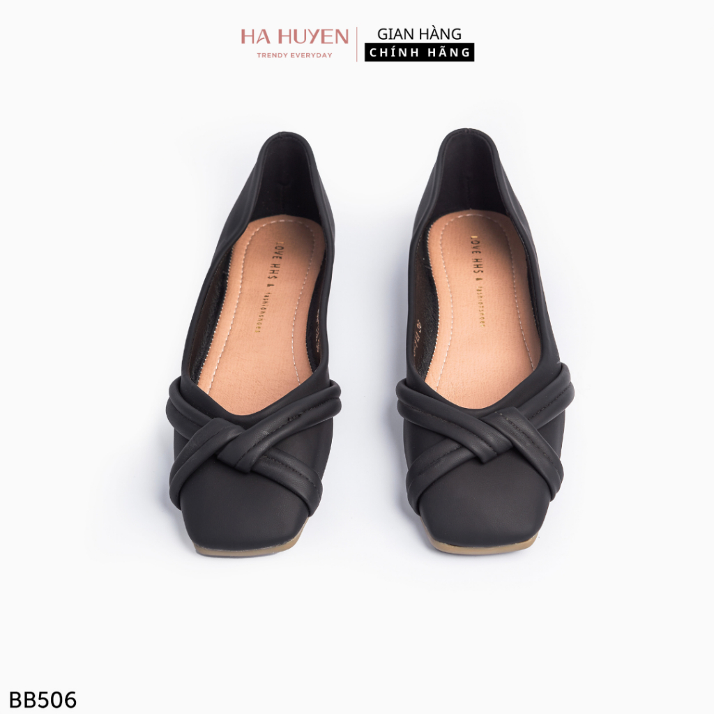 Giày búp bê nữ Hà Huyền Shoes bệt da lì mũi vuông nơ thắt chéo - BB506