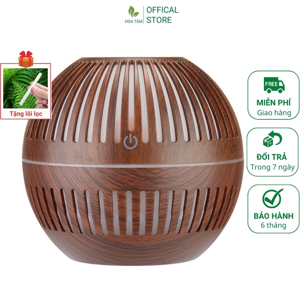 Máy xông tinh dầu phòng ngủ phòng khách, hình cầu vân gỗ, đèn led 7 màu, dung tích 200ml KJR-017 | BH 6 tháng