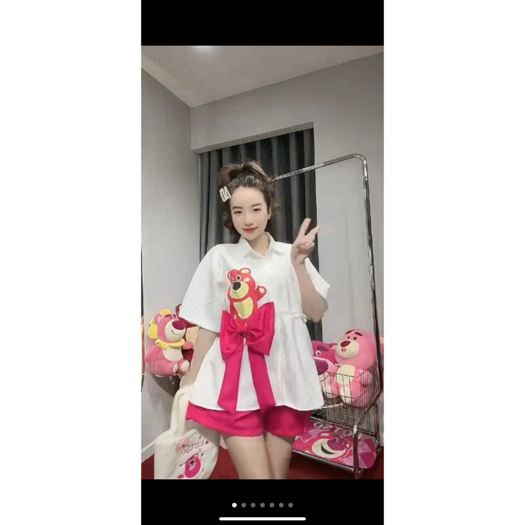 Set bộ babydol gấu DÂU phối nơ free size < 60 kg