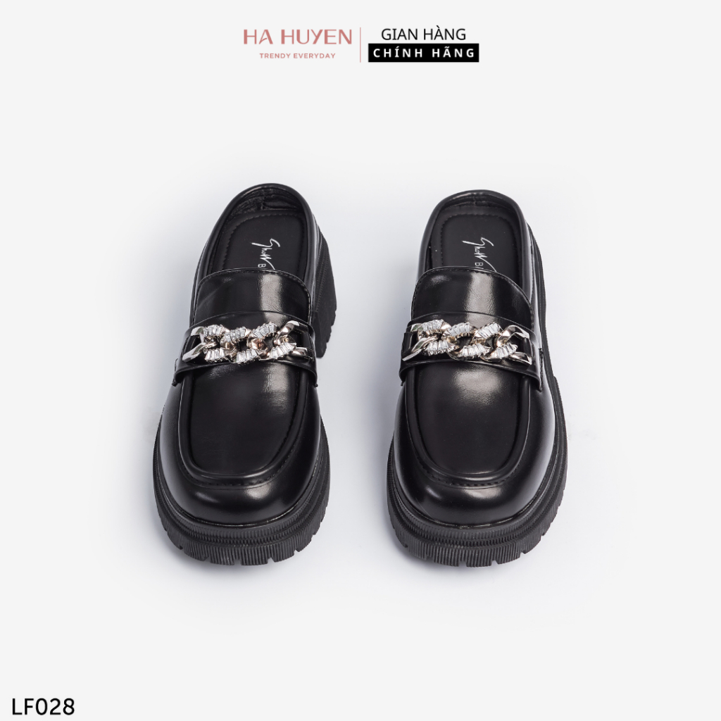 Giày Loafer nữ Hà Huyền Shoes da bóng lì đai xích bạc gót vuông 5 phân - LF028