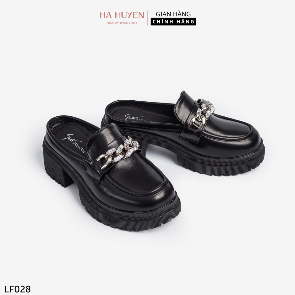 Giày Loafer nữ Hà Huyền Shoes da bóng lì đai xích bạc gót vuông 5 phân - LF028