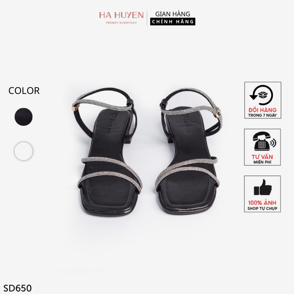 Sandals nữ Hà Huyền Shoes quai đá kép dây rút đế thấp gót vuông 2 phân - SD650