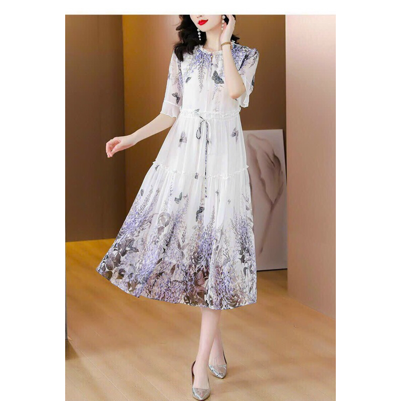 Đầm voan hoa tím rút eo. Nhập QC