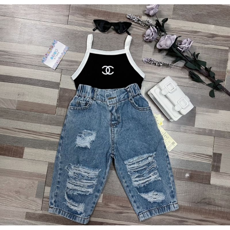 Quần jean dài ống xuông rách cá tính cho bé