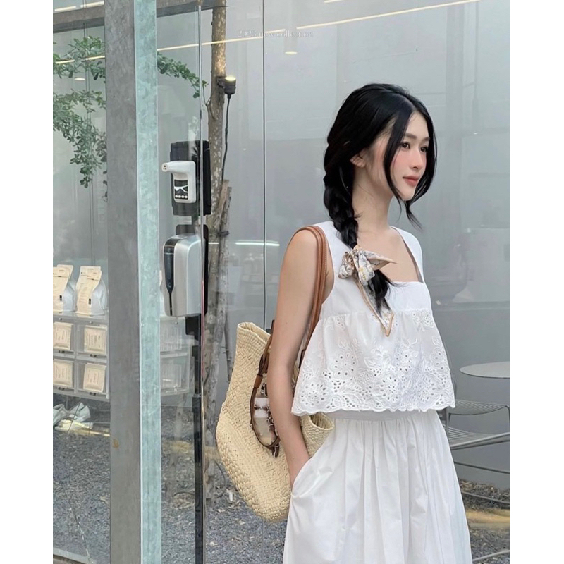 Set áo babydoll trắng 2s cổ vuông xô ren lỗ + Chân váy midi trắng xoè dáng dài