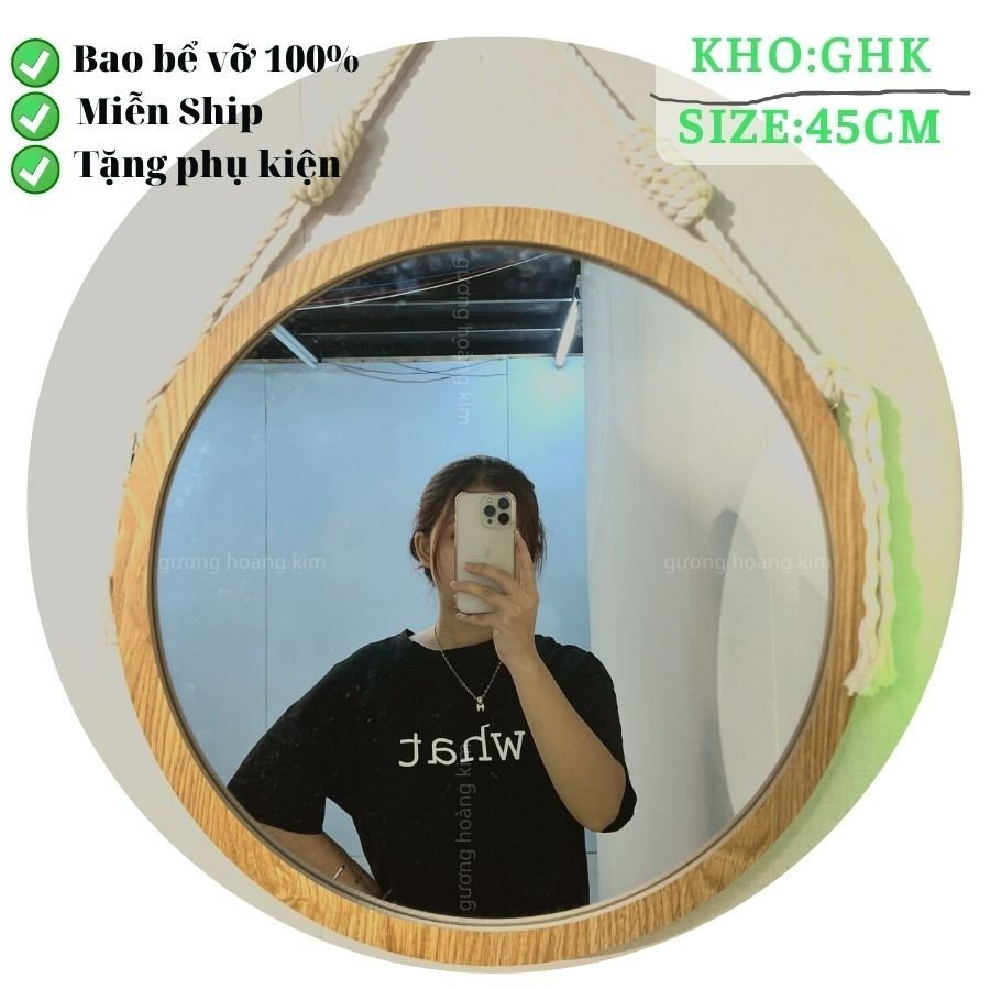 Gương tròn treo tường, gương khung gỗ đường kính 45cm, gương trang điểm decor full phụ kiện kèm dây thừng GUONGHOANGKIM