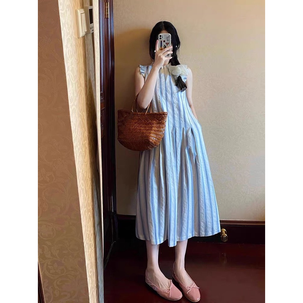 Váy đầm maxi xuông kẻ xanh sat nách cánh tiên vải linen xinh sắn đi làm đi chơi ảnh thật