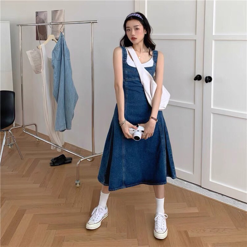 Váy JEANS 2s mềm khoá lưng dáng dài xoè, váy hai dây chất jeans