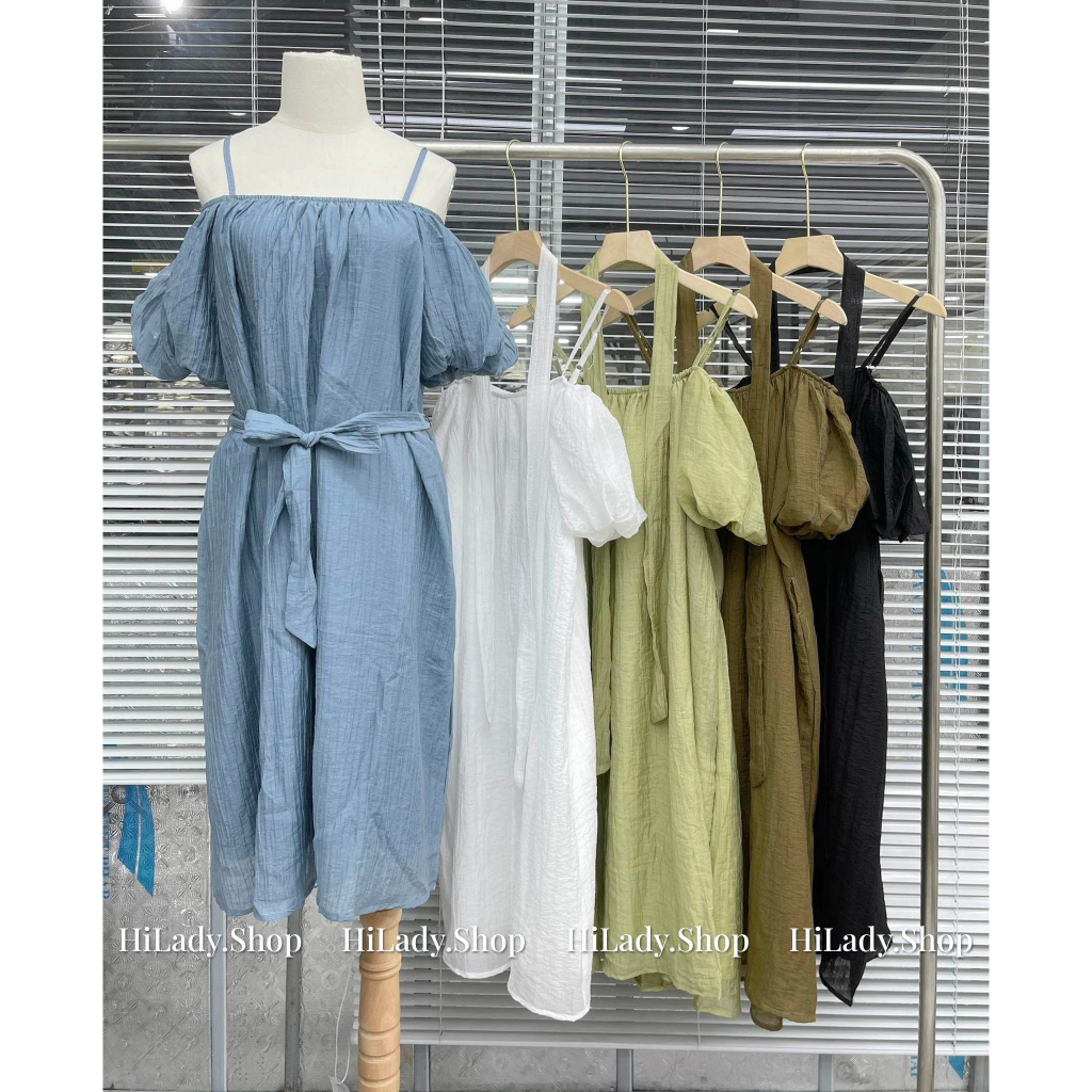 Váy 2 Dây Tơ Nhăn Trễ Vai 2 Lớp Kèm Đai Đa Năng HiLady.shop V16