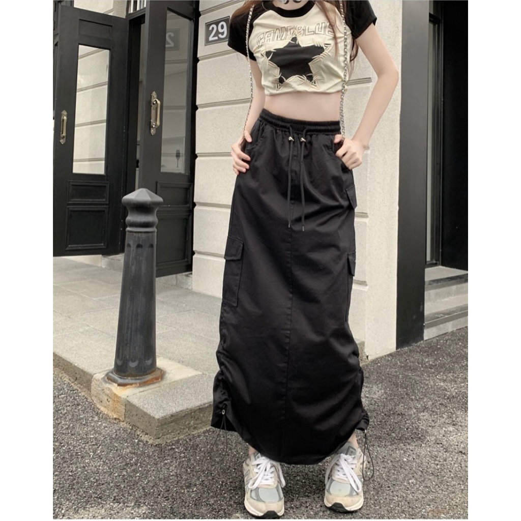 SET ÁO CROPTOP RAPLAN NGÔI SAO + CHÂN VÁY MIDI TÚI HỘP RÚT DÂY (TH)
