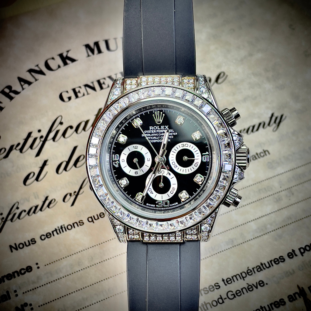 Đồng hồ Nam Rolex 6kim vành đá vỏ đá dây cao su máy nhật dòng cơ Automatic mặt đen 41mm