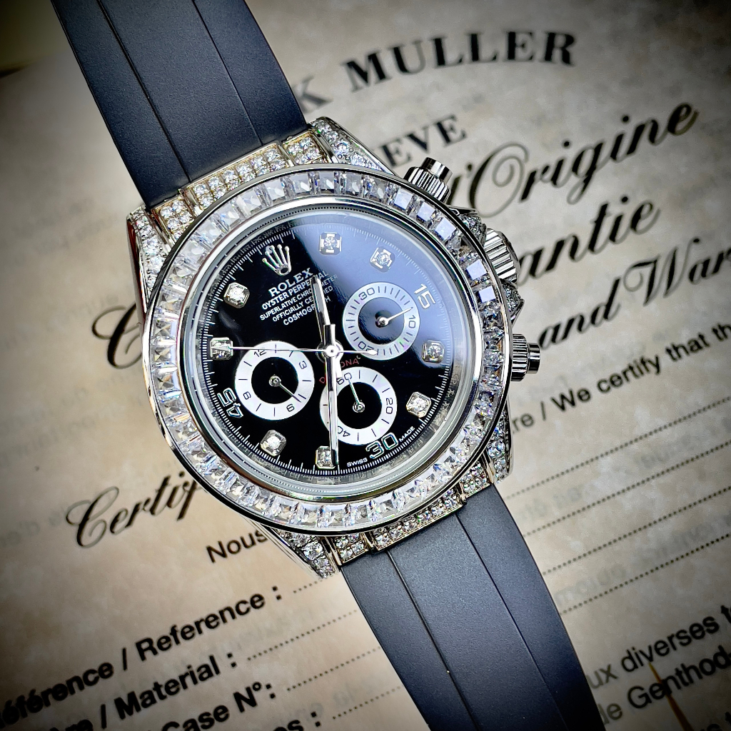 Đồng hồ Nam Rolex 6kim vành đá vỏ đá dây cao su máy nhật dòng cơ Automatic mặt đen 41mm