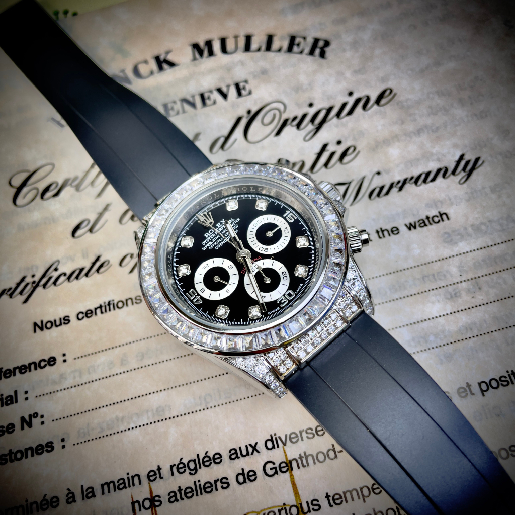 Đồng hồ Nam Rolex 6kim vành đá vỏ đá dây cao su máy nhật dòng cơ Automatic mặt đen 41mm