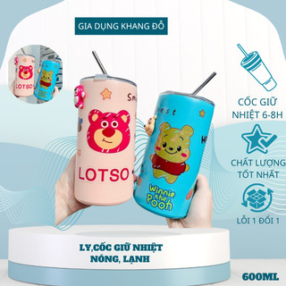 Ly giữ nhiệt,ly giữ nhiệt gấu dâu lotso 600ml,Cốc giữ nhiệt inox kèm sticker hình gấu