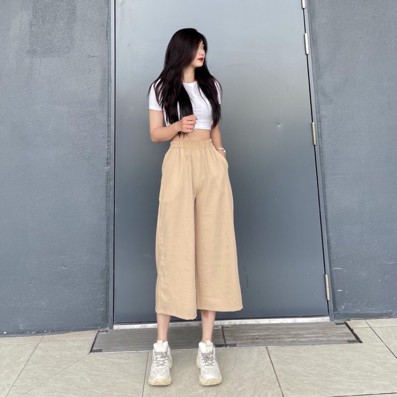 Quần đũi nữ ống rộng dáng lỡ cạp chun có túi quần lửng nữ vải đũi ống suông quần culottes đũi nữ ống rộng kiểu Nhật