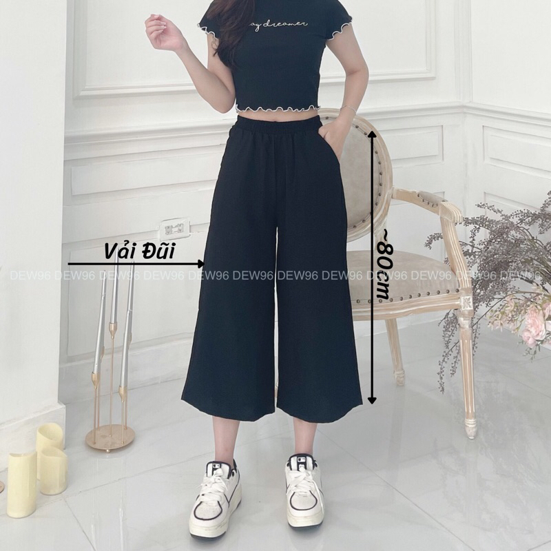 Quần đũi nữ ống rộng dáng lỡ cạp chun có túi quần lửng nữ vải đũi ống suông quần culottes đũi nữ ống rộng kiểu Nhật