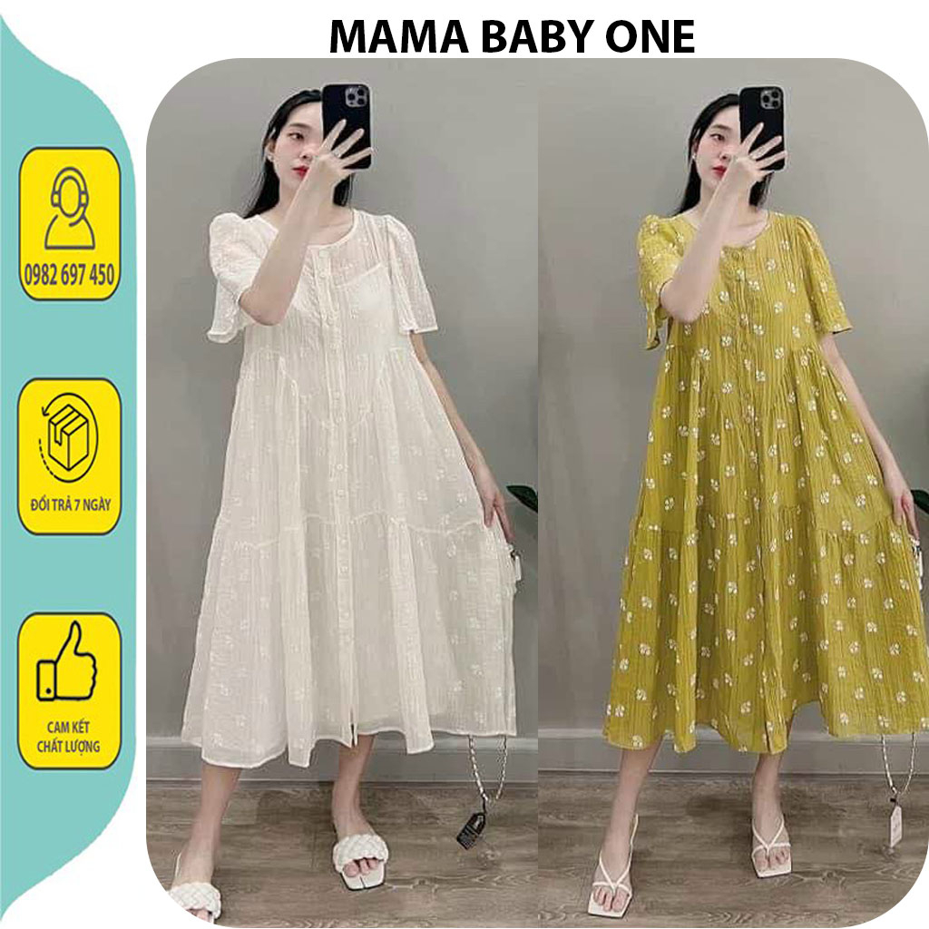 VÁY BẦU CÔNG SỞ, DỰ TIỆC ĐẸP-ĐẦM BẦU THỞI TRANG BABAYDOLL HOA 2 LỚP DÁNG DÀI XINH XẮN VẢI MỀM MÁT FRESIZE-70KG