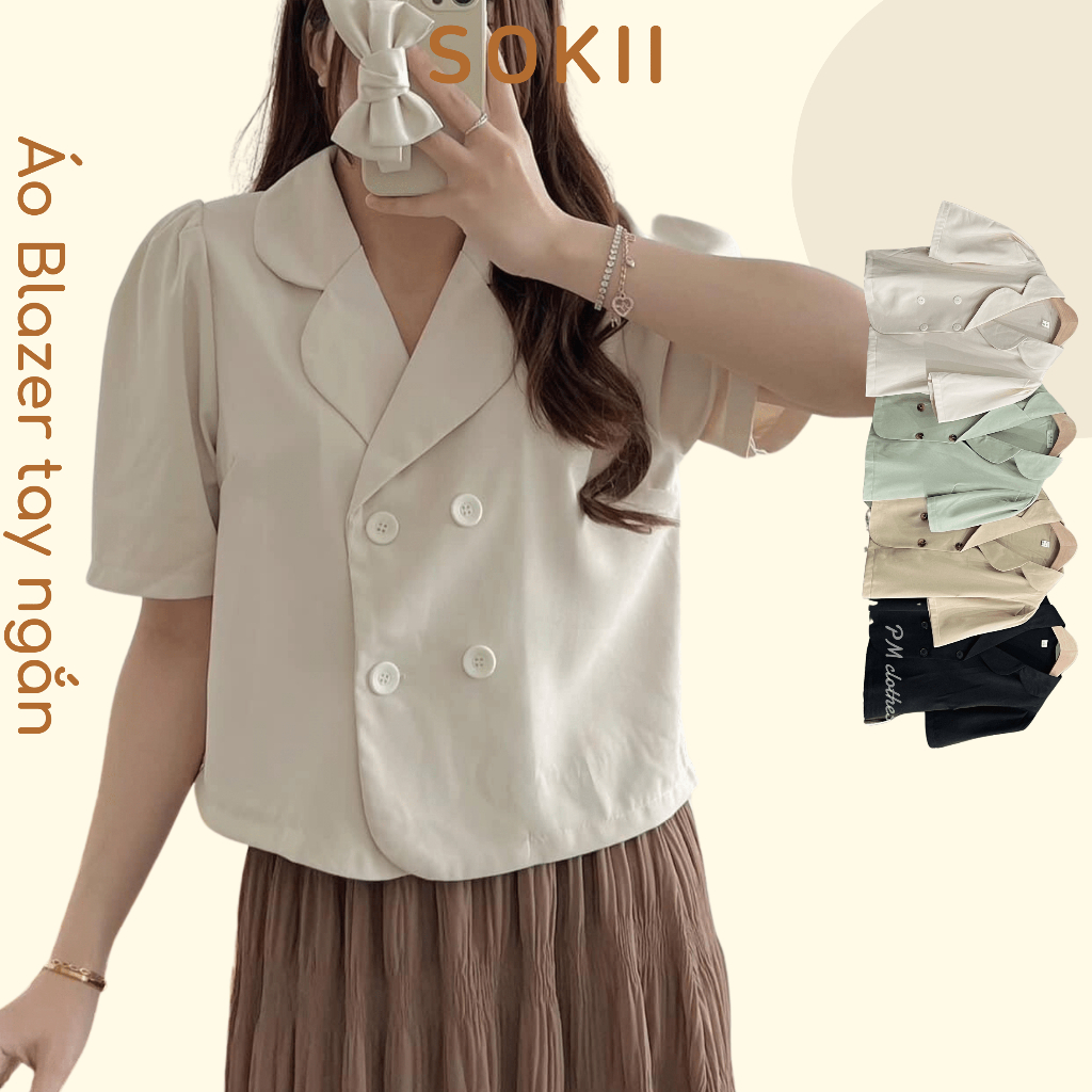 Áo blazer tay ngắn croptop nữ Sokii áo blazer ngắn tay nữ chất chéo hàn ít nhăn đứng form