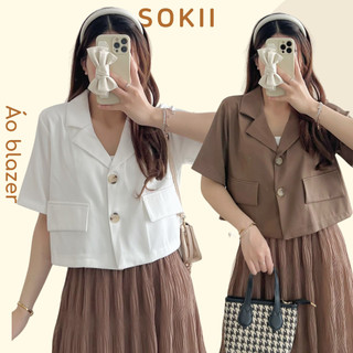 Áo blazer tay ngắn croptop nữ Sokii áo blazer ngắn tay nữ chất chéo hàn không nhăn đứng form