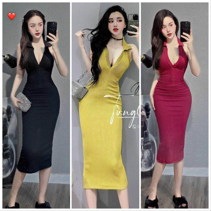 đầm gân cổ bẻ yếm sát nách dáng dài thun gân l