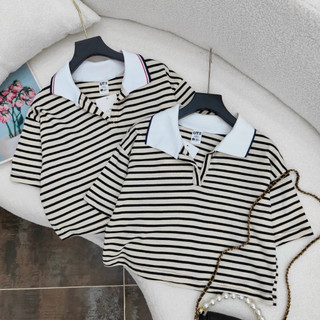 Áo kẻ crotop nữ cổ bẻ