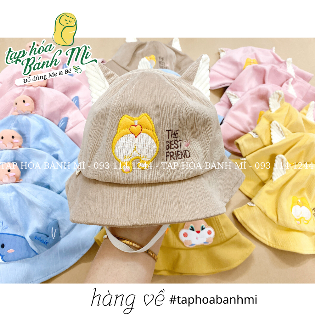 Nón vành tròn Quảng Châu có quai thêu hình thú nhiều mẫu cho bé đi chơi (có ảnh thật)