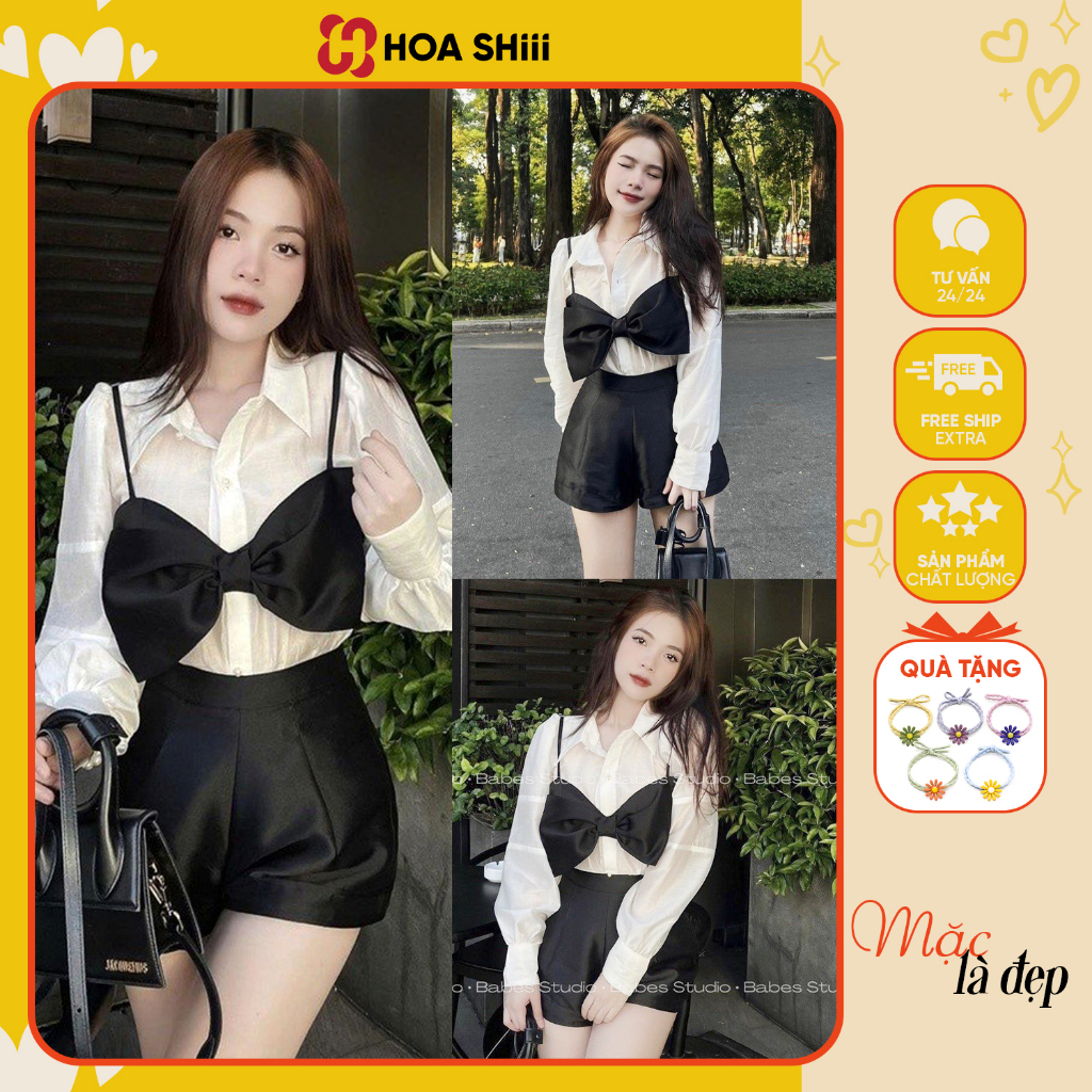 Set thiết kế 3 Món Áo Sơmi Đũi Tơ Mix Yếm Nơ Tacta +Quần Sooc Đen Cá Tính Có Ảnh Thật phong cách Hàn Quốc siêu xinh