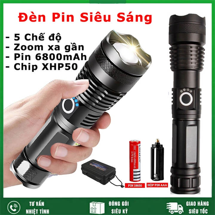 Đèn pin siêu sáng XHP50 có Zoom xa gần chiếu xa 500m, chống thấm nước, pin 6800mAh, đèn pin cầm tay XML T6, đèn pin mini