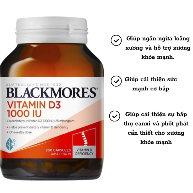 Viên uống Vitamin D3 Blackmores 1000IU 200 viên - giúp hấp thụ bổ sung canxi, xương chắc khỏe
