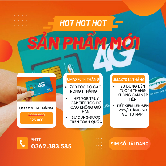 Sim Viettel Siêu Khuyến mãi Data UMAX70 7 tháng, 14 tháng