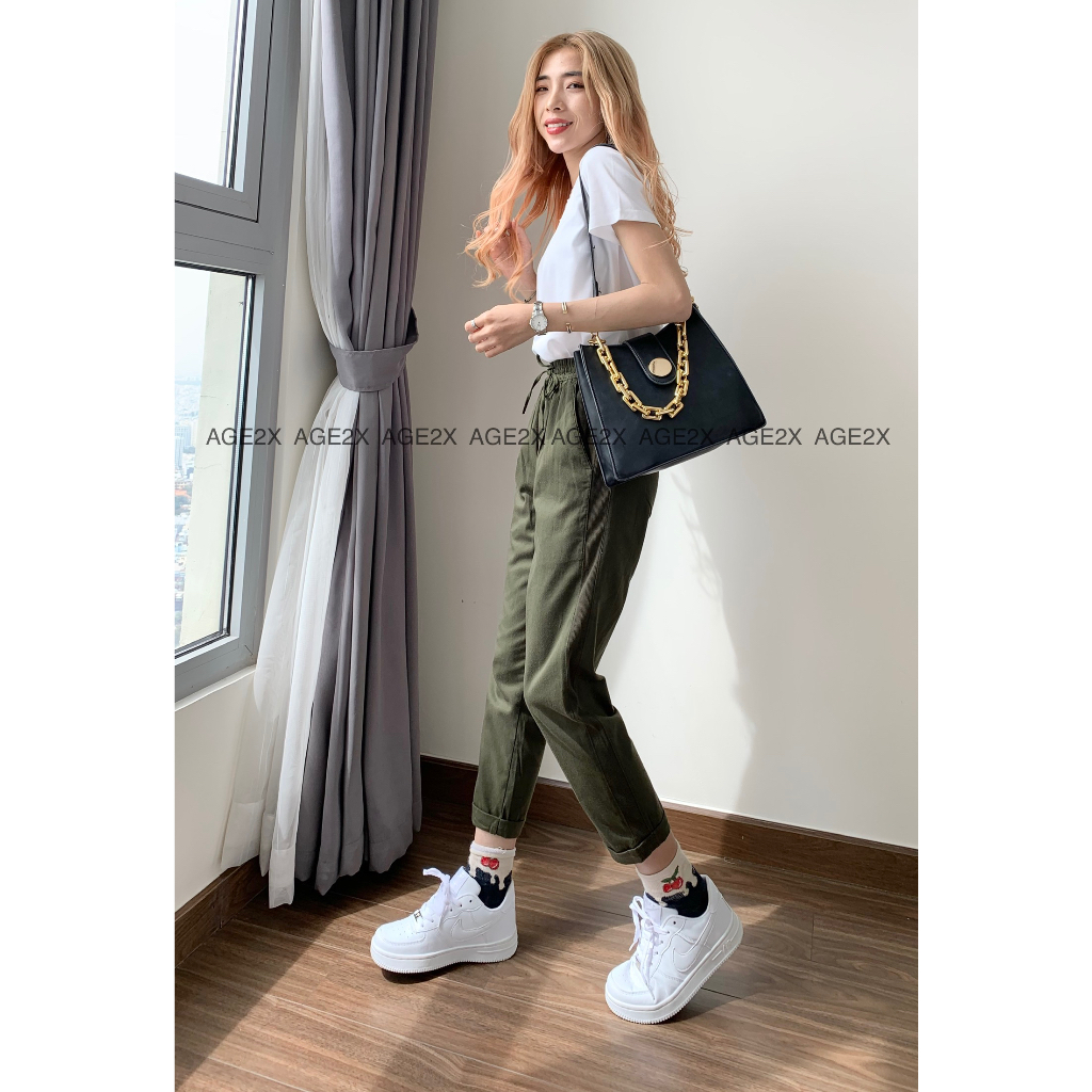 Quần Baggy nữ Kaki AGE2X hàng vnxk chất kaki cotton wash mềm xịn, co giãn, cử động thoải mái