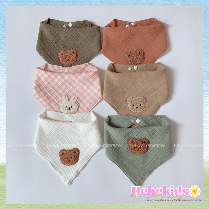 Yếm cho bé sơ sinh,yếm tam giác thêu hình thú đáng yêu Hebekids