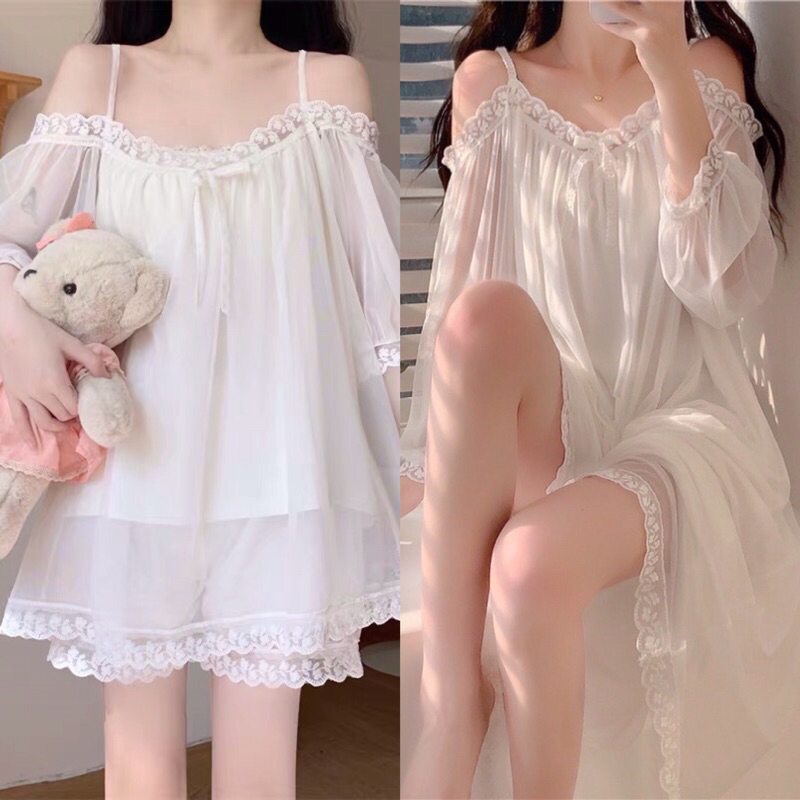 ( Sẵn Ngắn ) Váy Ngủ VOAN Dáng Suông Tiểu Thư Dài Tay Viền Ren Công Chúa Ulzzang