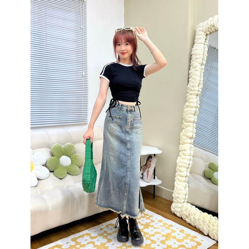 Chân Váy Jean Nữ Đuôi Cá OLARI Dáng Dài Phối Túi - OL253 - Cew Jeans Skirt