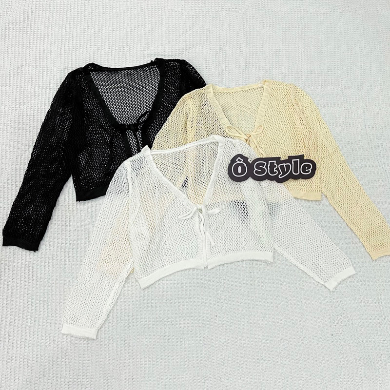 Áo khoác len mỏng, cardigan tay lửng buộc dây dáng croptop