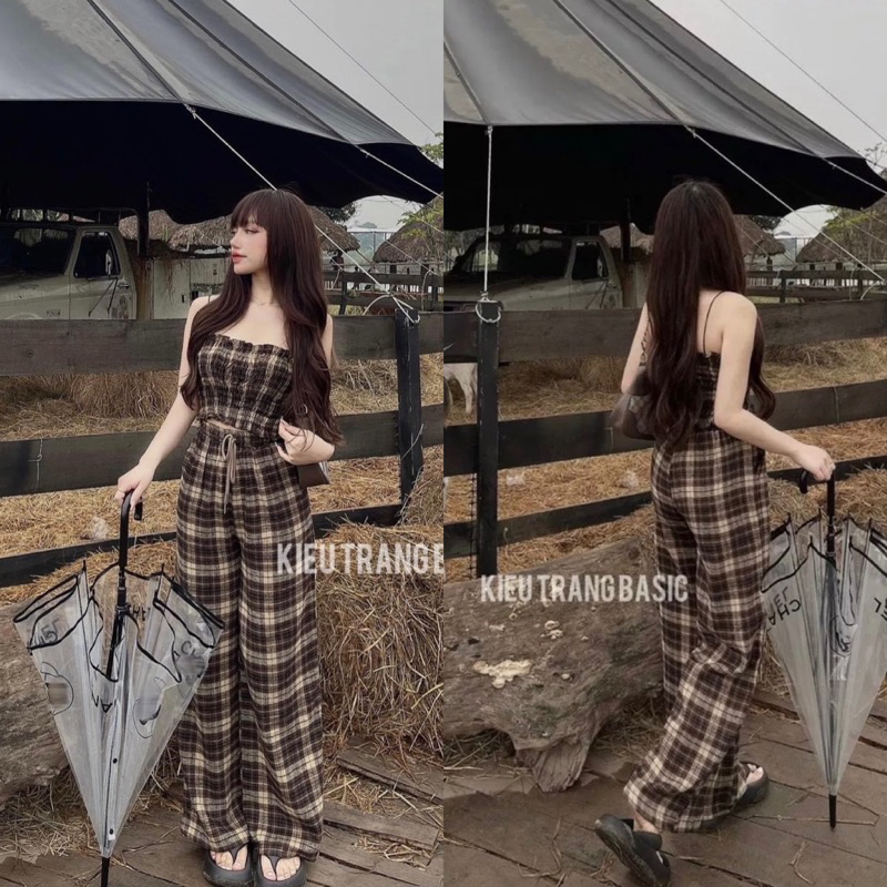 Set bộ đồ nữ sọc caro với áo croptop cúp ngực xinh xắn mix quần ống rộng dành cho các nàng thích diện style năng động
