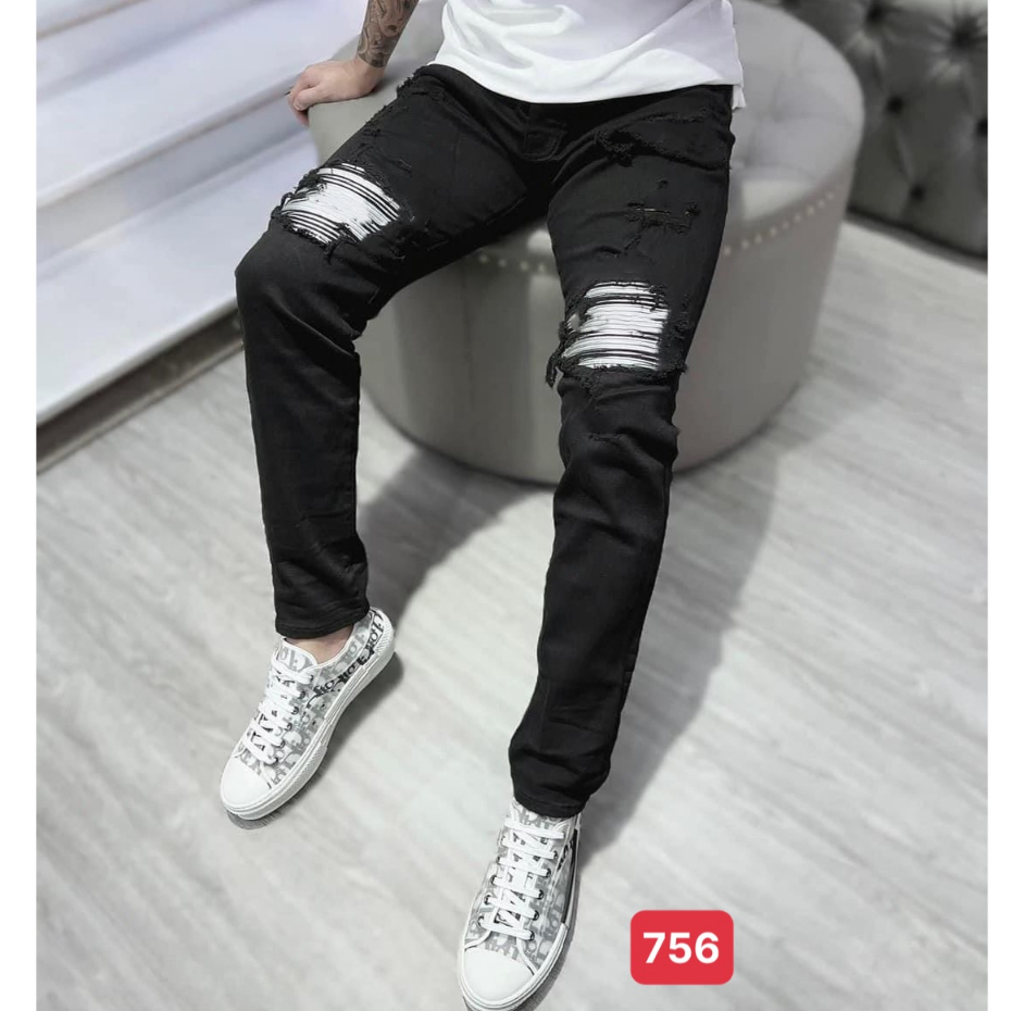 Quần jean nam vá da, Quần bò vá da nam hot Cao Cấp