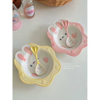 Set bát + thìa chất liệu gốm sứ hình Thỏ màu vàng , hồng đáng yêu dễ thương phong cách Hàn Nhật