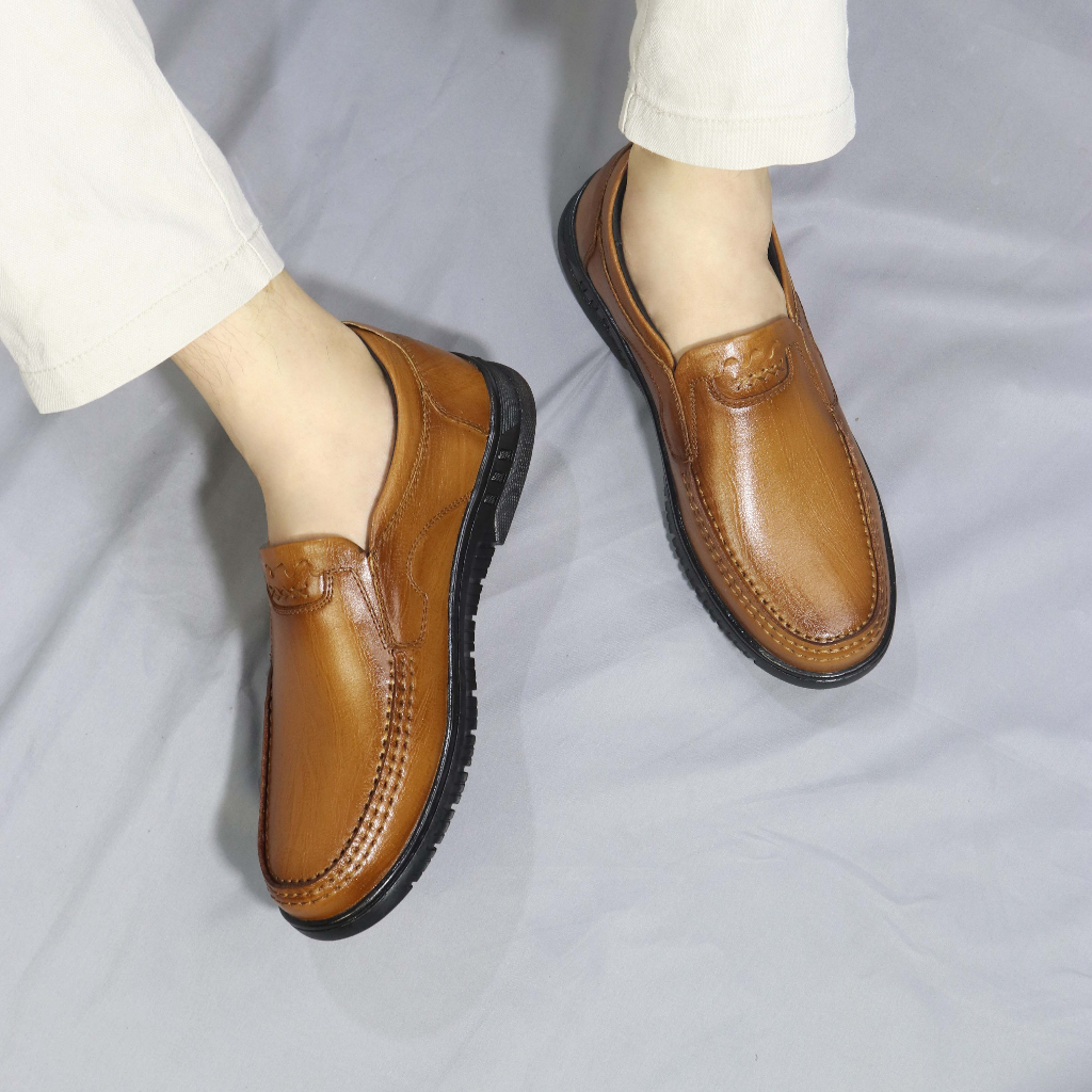 Giày lười nam da bò HT.NeO . Giày bánh mỳ đế bằng  cao su mềm dẻo da bò thật phong cách 4 mùa thoải mái tiện lợi GDN2616
