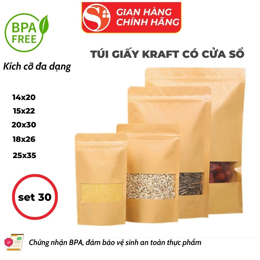 [Set 30] Túi Zip Giấy Kraft Loại Có Cửa Sổ Bảo Quản Thực Phẩm, Đựng Thực Phẩm Chống Nước - Set 30 Túi