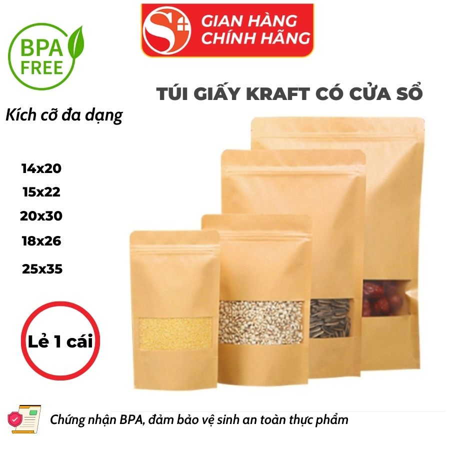 Túi Zip Giấy Kraft ShineYe Loại Có Cửa Sổ Bảo Quản Thực Phẩm, Đựng Thực Phẩm Chống Nước - Túi Lẻ
