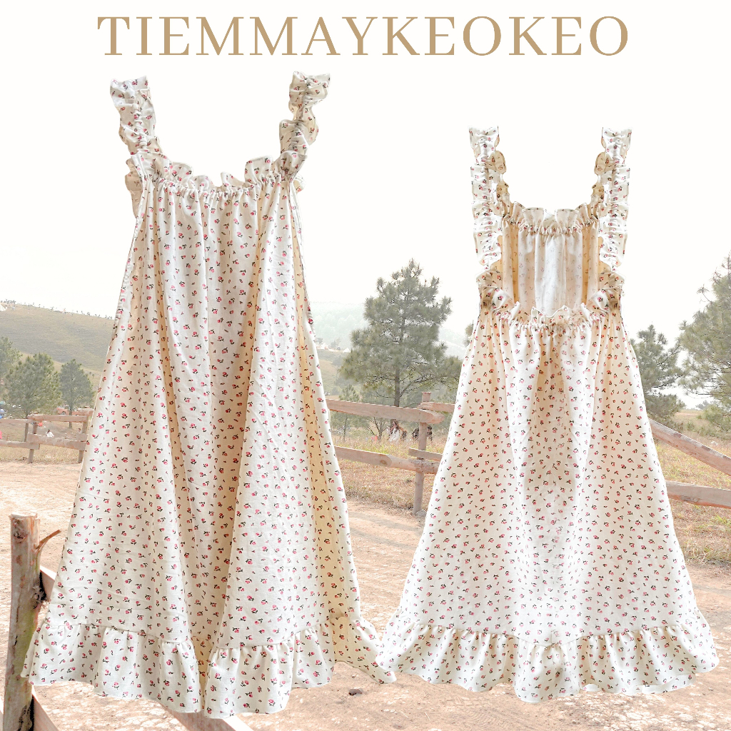 Đầm váy ngủ pijama hoa nhí linen TIEMMAYKEOKEO chất vải mềm mại kiểu dáng bèo nhún dễ thương freesize Hàn Quốc