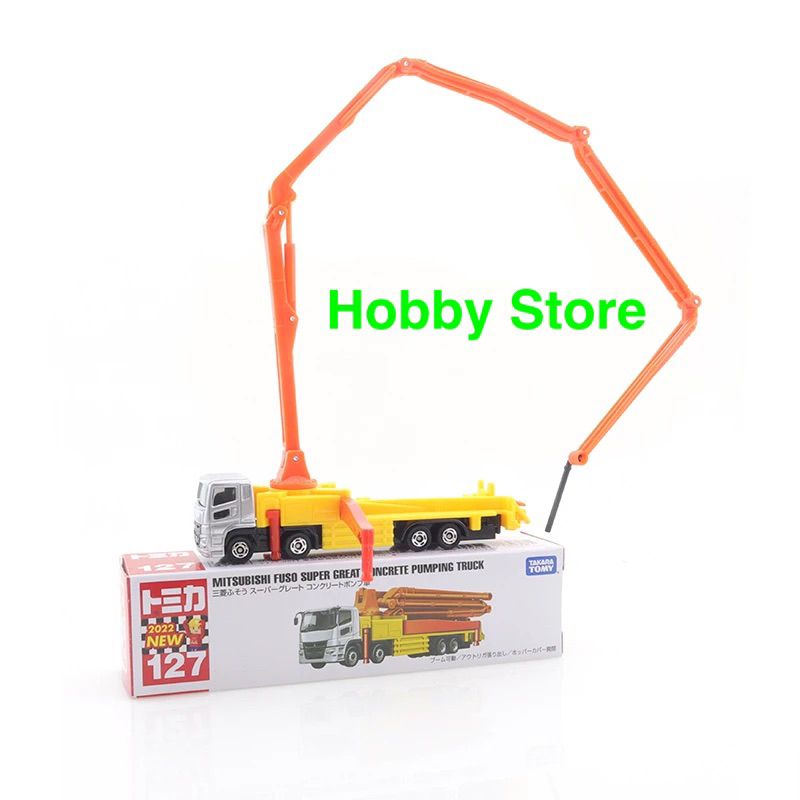 Hobby Store xe mô hình Long Tomica No 127 Mitsubishi Fuso Super Great Concerete Pumping Truck - Xe Phun Xi Măng Full Box