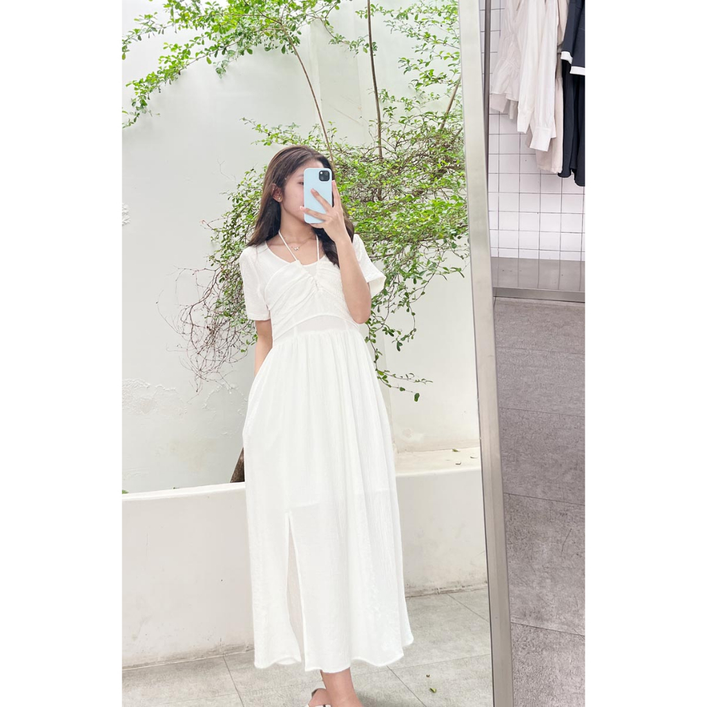 Đầm midi giả yếm thắt dây sau cổ tay ngắn thời trang GAGO màu trắng GG4343