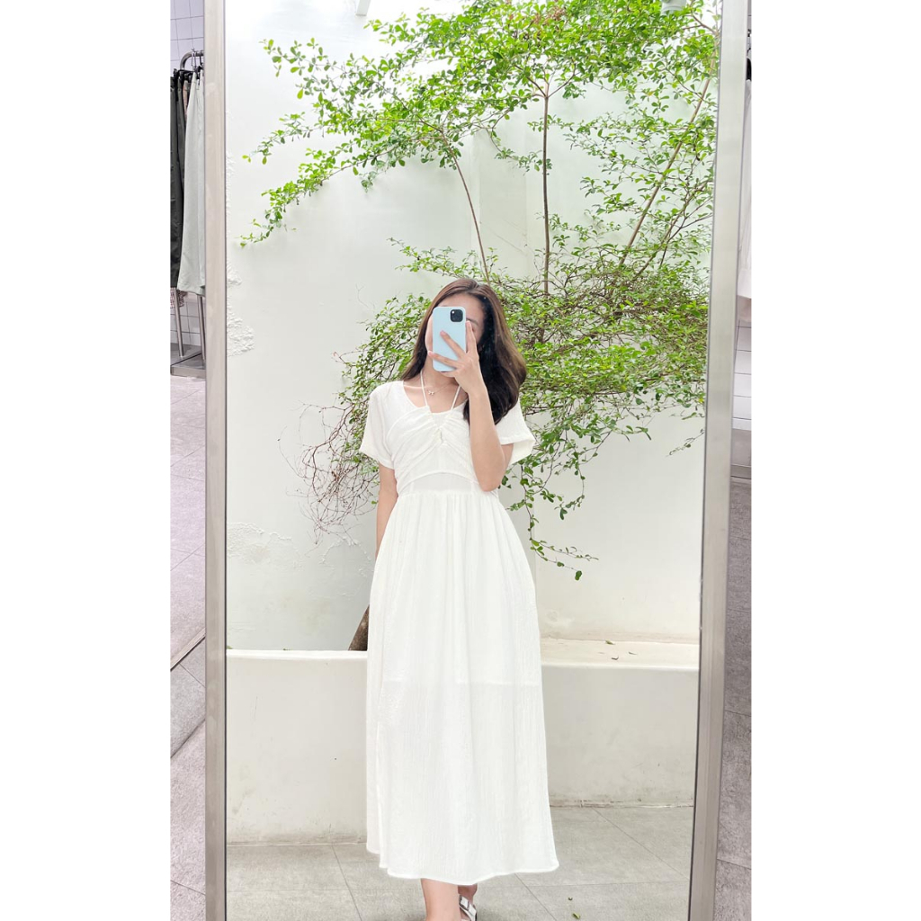 Đầm midi giả yếm thắt dây sau cổ tay ngắn thời trang GAGO màu trắng GG4343