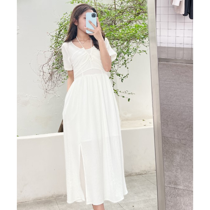 Đầm midi giả yếm thắt dây sau cổ tay ngắn thời trang GAGO màu trắng GG4343